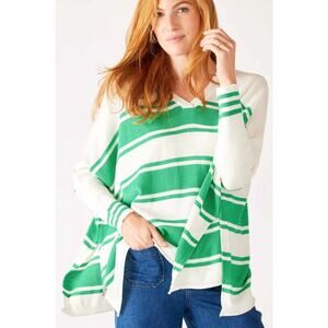 Mer Sea Catalina V Neck Sweater White Jade Green Striped Womens One Size